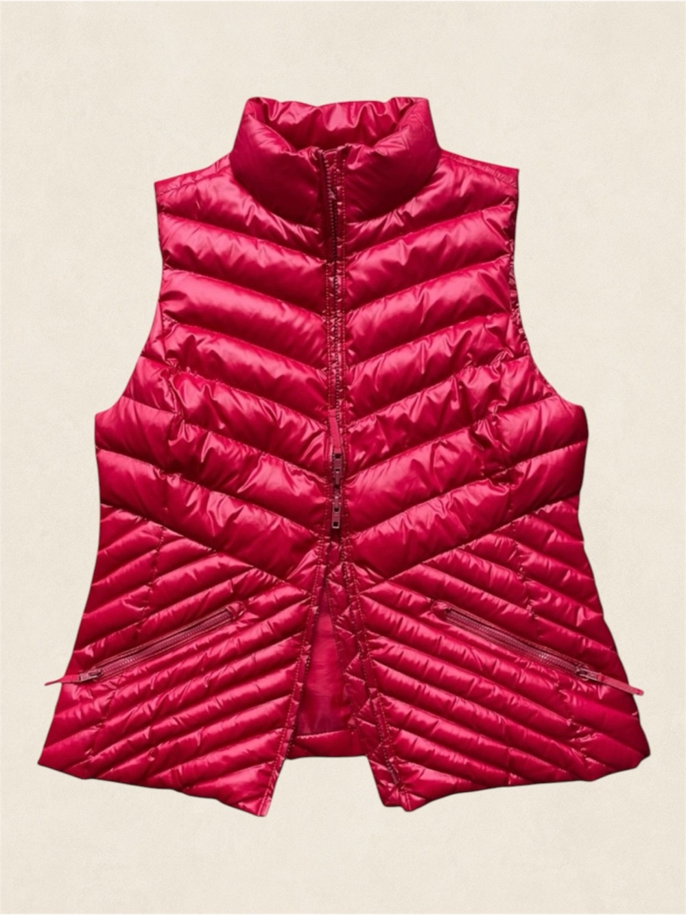 Talbots Down Puffer Vest Medium Full Zip Quilted Red Glossy Outdoor Classic